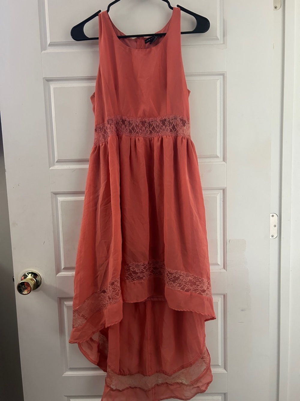 Girls Coral High-Low Lace Dress